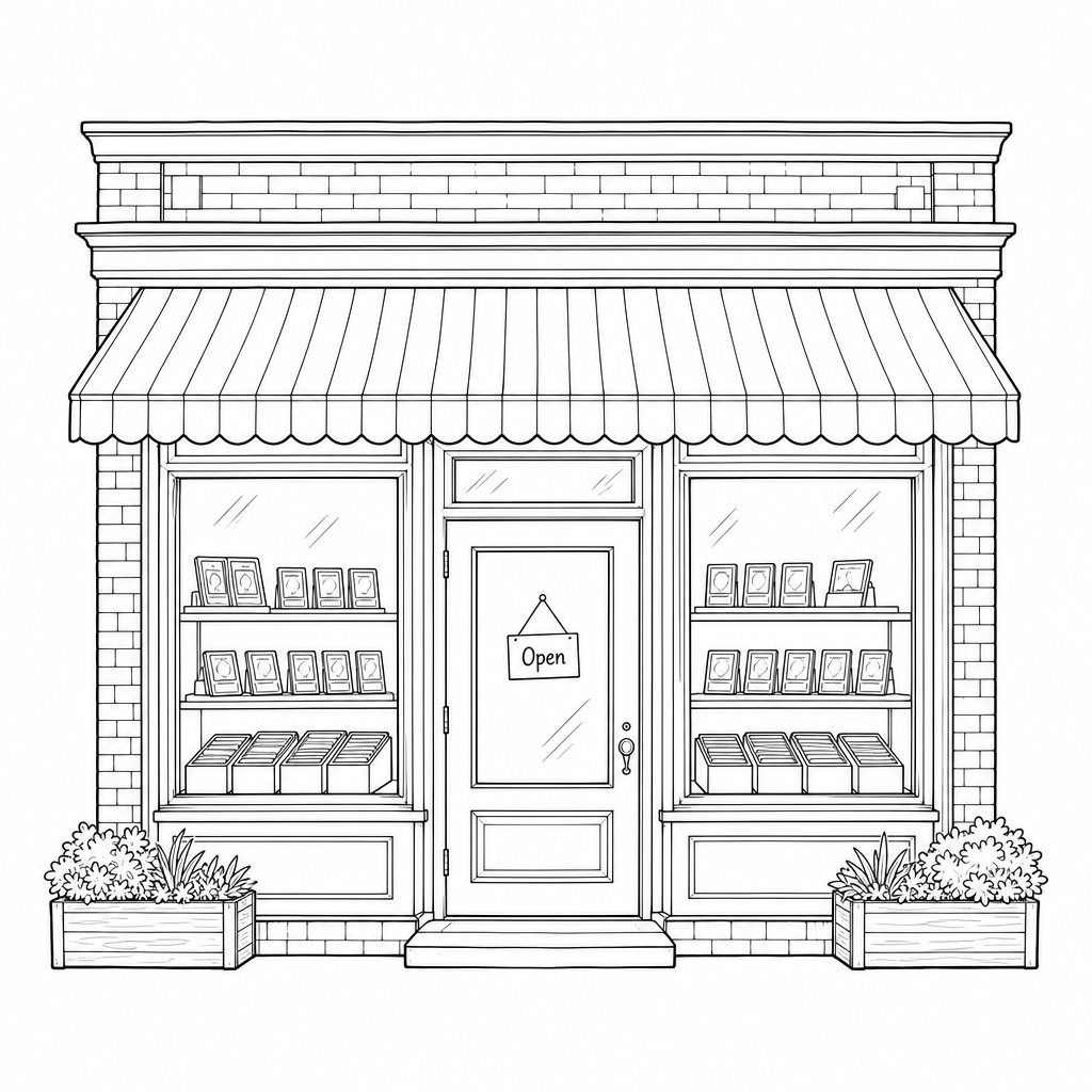 Monochrome illustration of the Collect trading card storefront