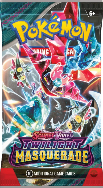 Pokémon trading card game pack featuring 'Scarlet & Violet: Twilight Masquerade' with colorful artwork of Pokémon characters.