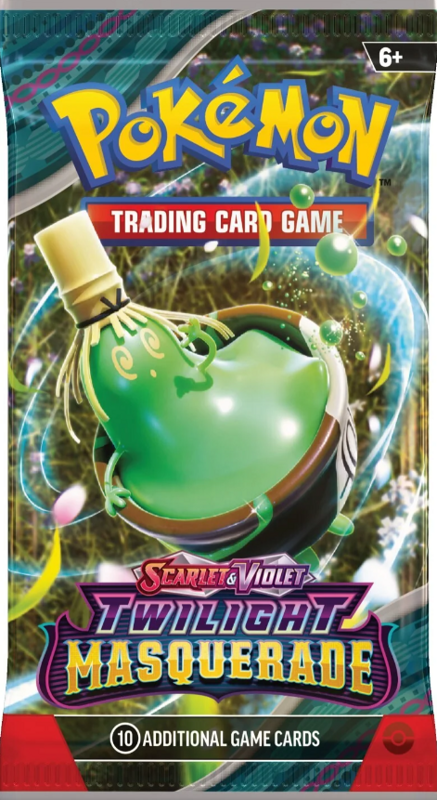Pokémon Trading Card Game packaging for 'Scarlet & Violet: Twilight Masquerade' with a Pokéball-like graphic.