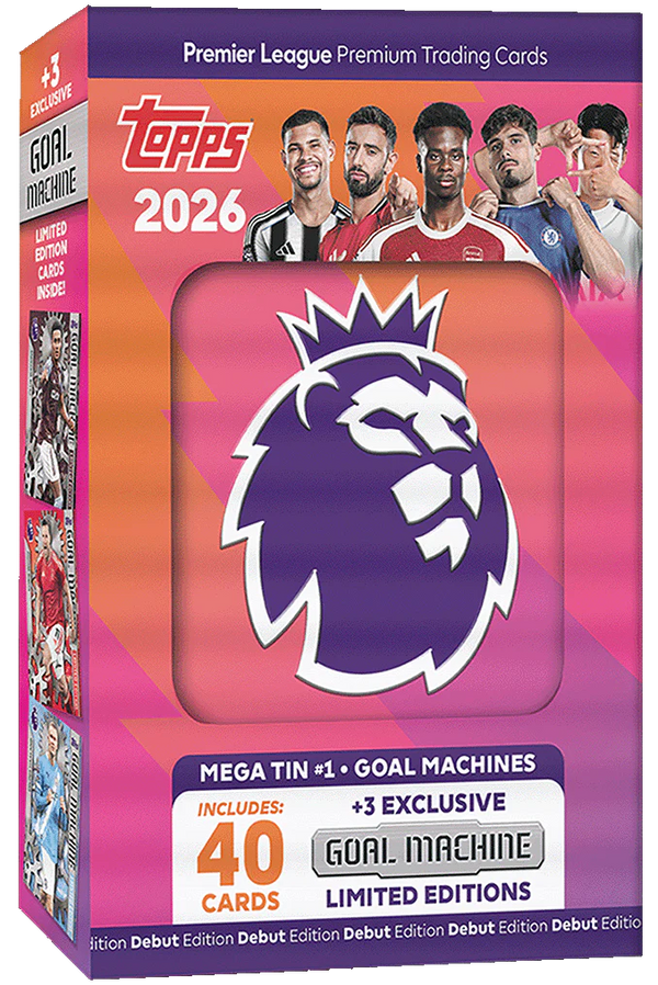 Topps Premier League 2026 Mega Tin Goal Machines showing limited edition football card packaging