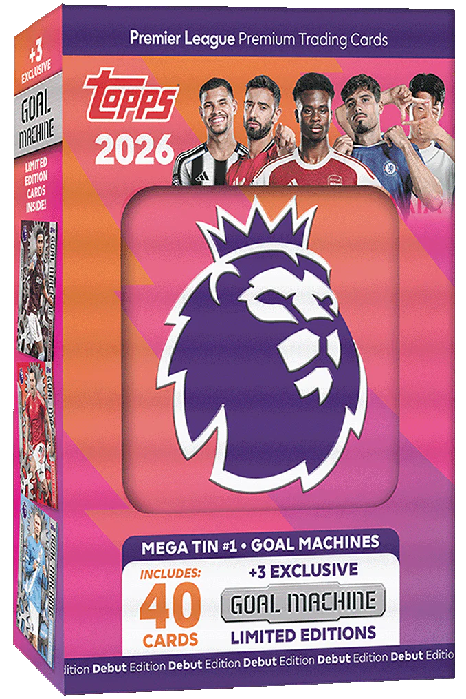 Topps Premier League 2026 Mega Tin Goal Machines showing limited edition football card packaging