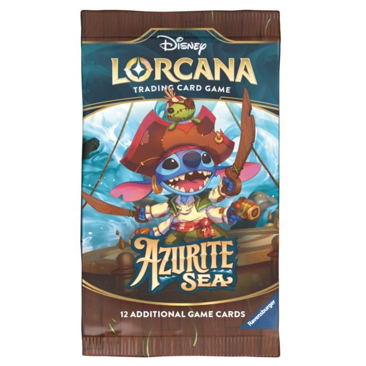 Disney Lorcana trading card game pack featuring a character on a boat with 'Azurite Sea' text.