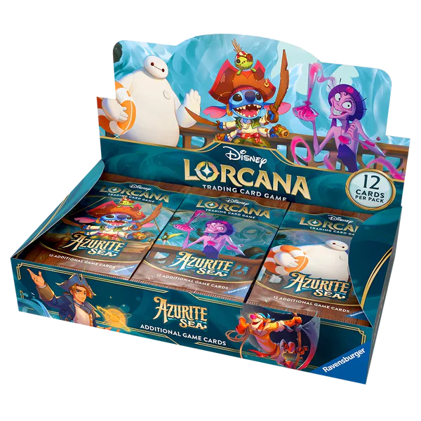 Disney Lorcana trading card game packaging with characters and cards displayed.
