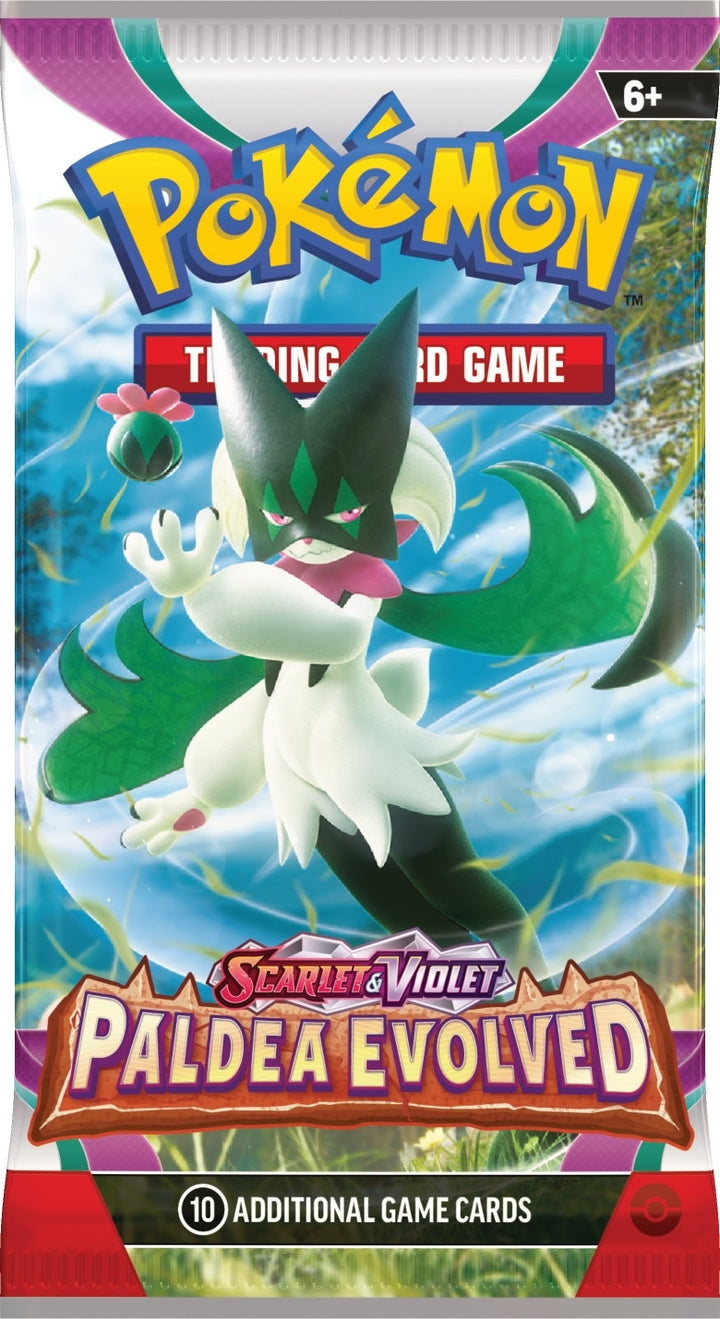 Pokémon trading card game pack featuring a Pokémon with green and white colors on a colorful background.