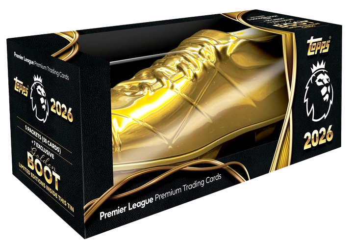 Topps Premier League 2026 Golden Boot tin featuring gold shoe packaging and limited edition cards