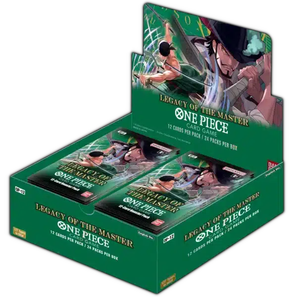 Card game box for 'One Piece: Legacy of the Master' with character illustration on green background