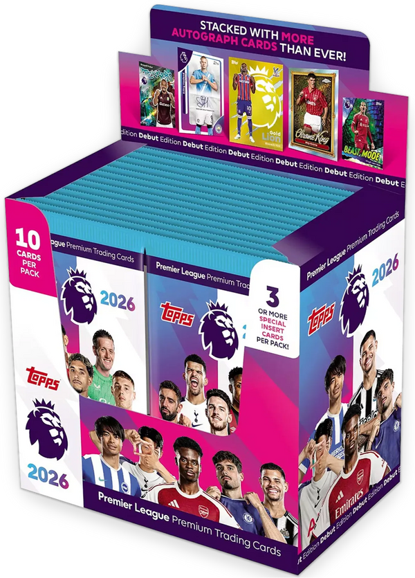 Topps Premier League trading card pack for 2026 on a white background