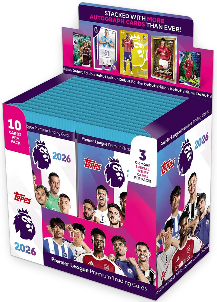 Topps Premier League trading card pack for 2026 on a white background