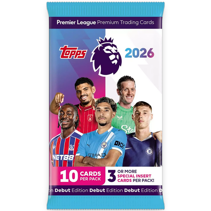 Topps Premier League 2026 trading card pack with player images and branding.
