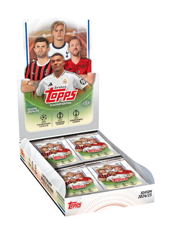 Topps soccer trading card pack with player images and branding on a white background