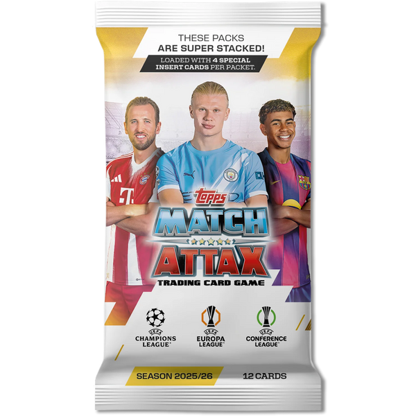 Topps Match Attax trading card game pack with three players on a white background