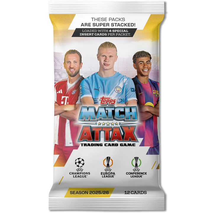 Topps Match Attax trading card game pack with three players on a white background